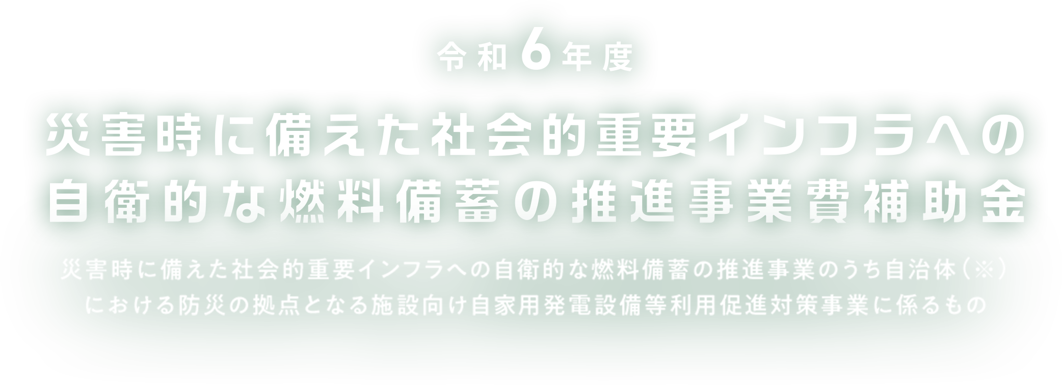 令和6年度　災害時に備えた社会的重要インフラへの自衛的な燃料備蓄の推進事業費補助金（災害時に備えた社会的重要インフラへの自衛的な燃料備蓄の推進事業のうち自治体※における防災の拠点となる施設向け自家用発電設備等利用促進対策事業に係るもの）