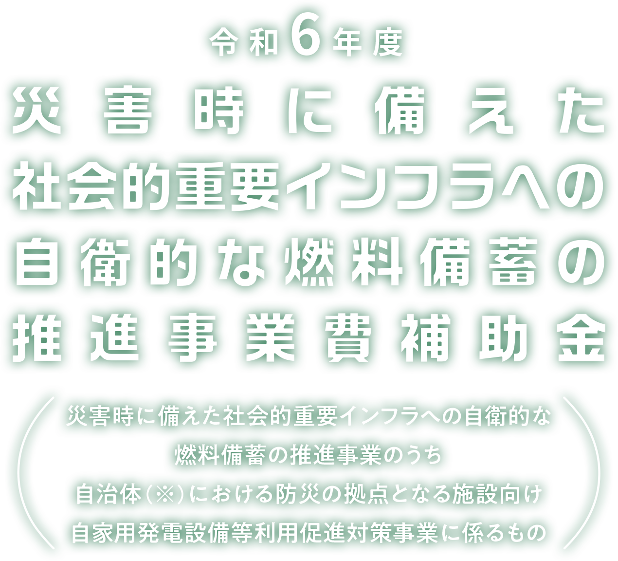 令和6年度　災害時に備えた社会的重要インフラへの自衛的な燃料備蓄の推進事業費補助金（災害時に備えた社会的重要インフラへの自衛的な燃料備蓄の推進事業のうち自治体※における防災の拠点となる施設向け自家用発電設備等利用促進対策事業に係るもの）